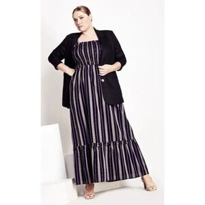 Refinity Green & Black Maxi Stripe Safari Smocked Maxi Dress L